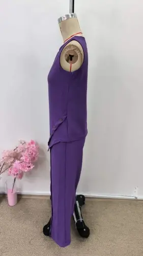 Women's Spaghetti Strap Round Neck Asymmetric Button Detail Aerobin Blouse and Pants Two-Piece Set - 6