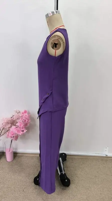 Women's Spaghetti Strap Round Neck Asymmetric Button Detail Aerobin Blouse and Pants Two-Piece Set - 6