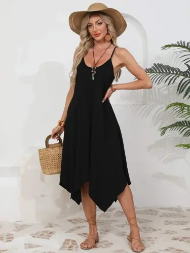Women's Spaghetti Strap Round Neck Asymmetrical Cut Viscose Dress - 2