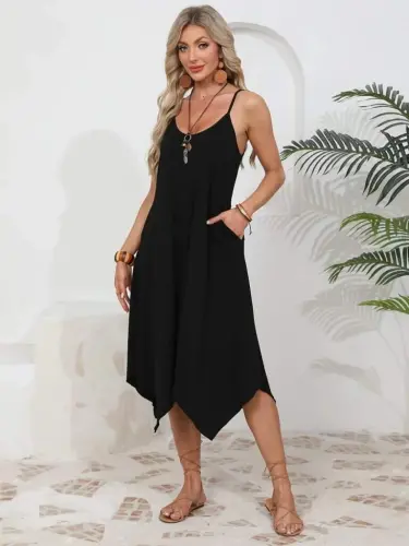 Women's Spaghetti Strap Round Neck Asymmetrical Cut Viscose Dress - 3