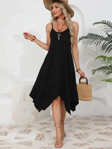 Women's Spaghetti Strap Round Neck Asymmetrical Cut Viscose Dress - 4