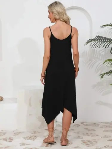 Women's Spaghetti Strap Round Neck Asymmetrical Cut Viscose Dress - 5