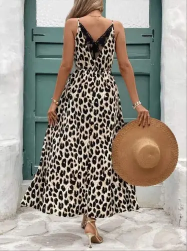 Women's Spaghetti Strap Round Neck Back V-Neck Slit Long Leopard Print Jersey Dress - 1