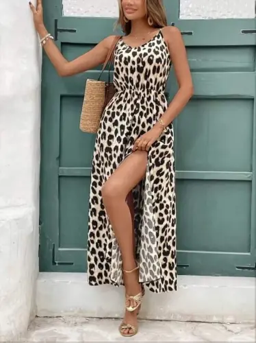 Women's Spaghetti Strap Round Neck Back V-Neck Slit Long Leopard Print Jersey Dress - BÜYÜKBEDENIZ (1)
