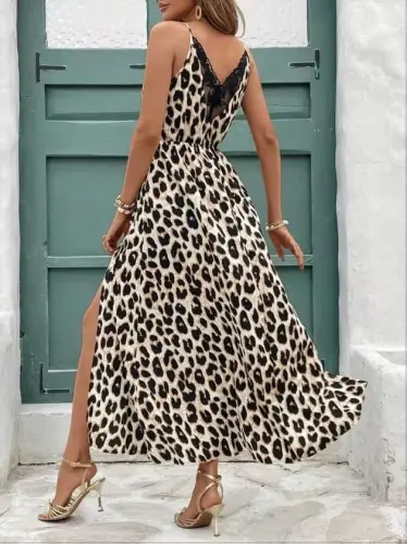 Women's Spaghetti Strap Round Neck Back V-Neck Slit Long Leopard Print Jersey Dress - 3