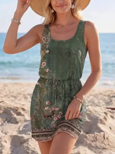 Women's Spaghetti Strap Round Neck Belted Floral Print Short Jersey Dress - 1