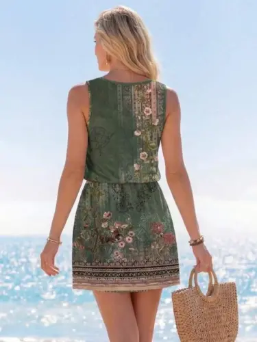 Women's Spaghetti Strap Round Neck Belted Floral Print Short Jersey Dress - 3