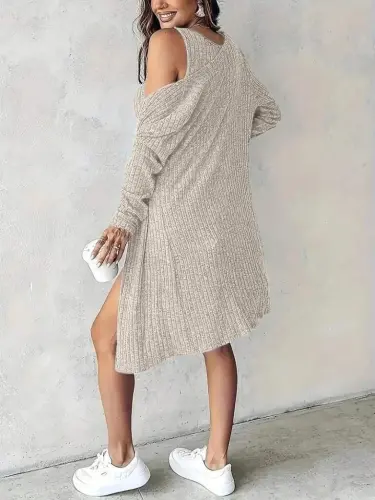 Women's Spaghetti Strap Round Neck Button Front Brushed Ribbed Mini Dress And Short Jacket - BÜYÜKBEDENIZ (1)