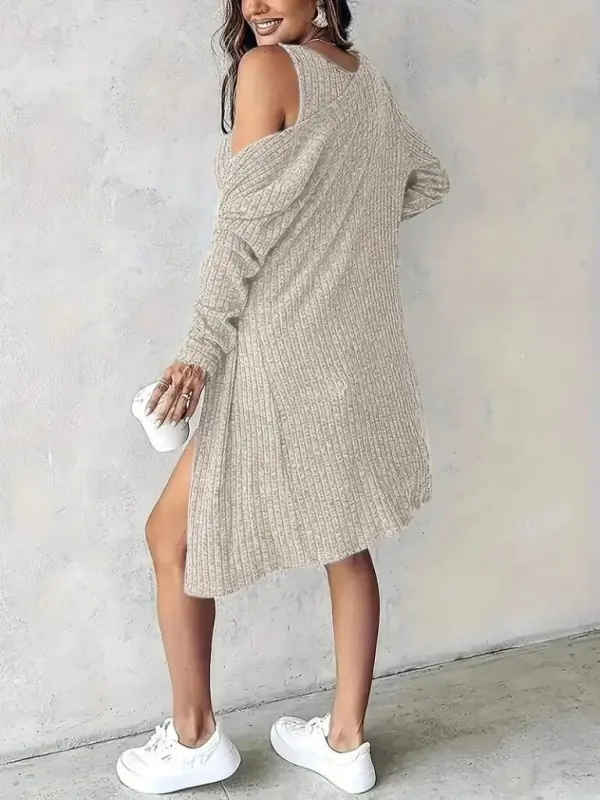 Women's Spaghetti Strap Round Neck Button Front Brushed Ribbed Mini Dress And Short Jacket - 2