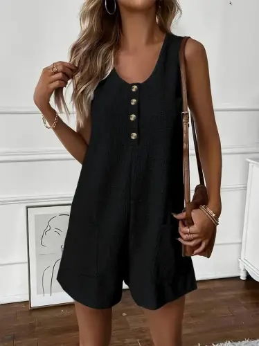 Women's Spaghetti Strap Round Neck Buttoned Waffle Short Romper - 3