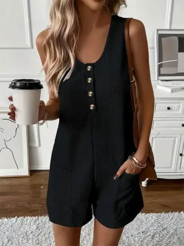 Women's Spaghetti Strap Round Neck Buttoned Waffle Short Romper - 5