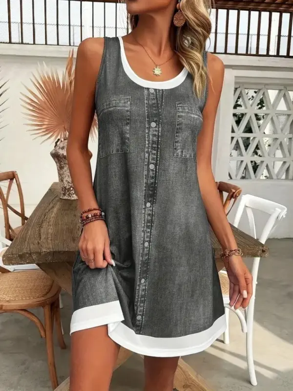 Women's Spaghetti Strap Round Neck Denim Look Short Interlock Dress - 2