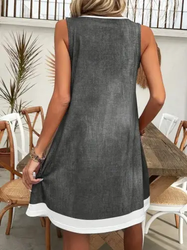Women's Spaghetti Strap Round Neck Denim Look Short Interlock Dress - 3
