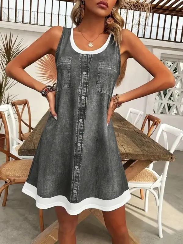 Women's Spaghetti Strap Round Neck Denim Look Short Interlock Dress - 4