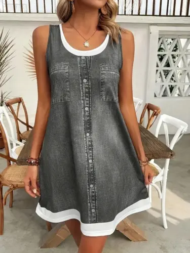 Women's Spaghetti Strap Round Neck Denim Look Short Interlock Dress - 5