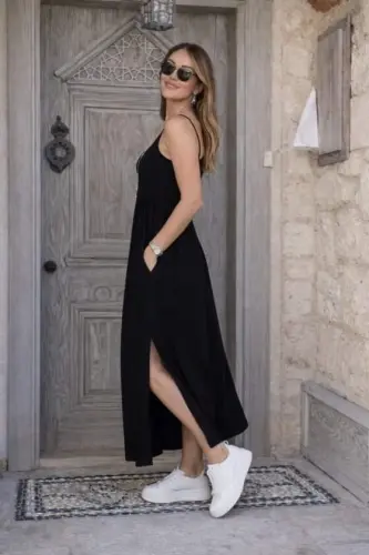Women's Spaghetti Strap Round Neck Front Slit Pocket Detail Long Viscose Dress - 3