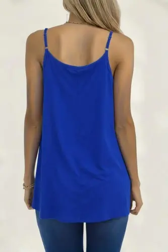 Women's Spaghetti Strap Round Neck Pleated Long Viscose Blouse - 4