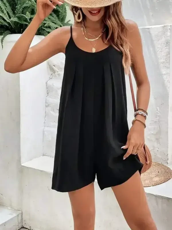 Women's Spaghetti Strap Round Neck Pleated Viscose Jumpsuit - 2