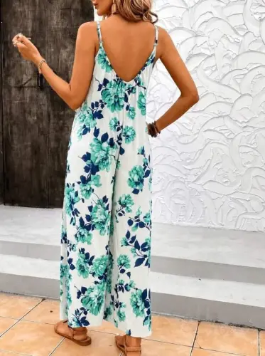 Women's Spaghetti Strap Round Neck Pocket Detailed Baggy Interlock Long Jumpsuit - BÜYÜKBEDENIZ (1)