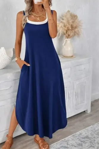 Women's Spaghetti Strap Round Neck Pocketed Long Viscose Dress - BÜYÜKBEDENIZ (1)