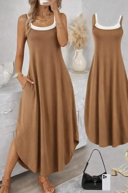 Women's Spaghetti Strap Round Neck Pocketed Long Viscose Dress - BÜYÜKBEDENIZ