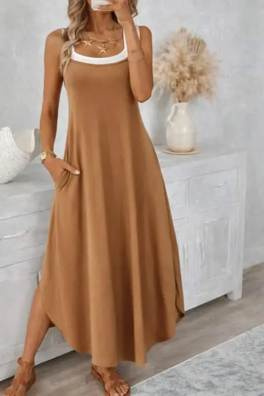 Women's Spaghetti Strap Round Neck Pocketed Long Viscose Dress - 2
