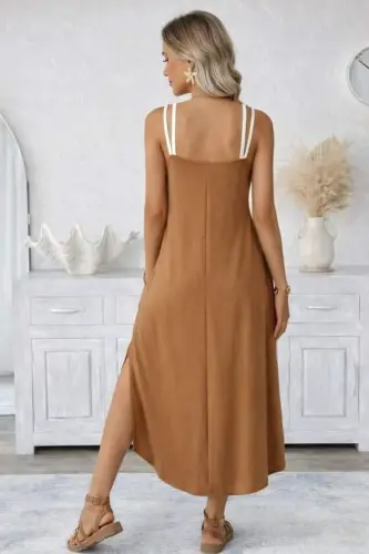 Women's Spaghetti Strap Round Neck Pocketed Long Viscose Dress - 3