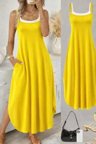 Women's Spaghetti Strap Round Neck Pocketed Long Viscose Dress - 1