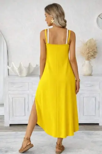 Women's Spaghetti Strap Round Neck Pocketed Long Viscose Dress - 3