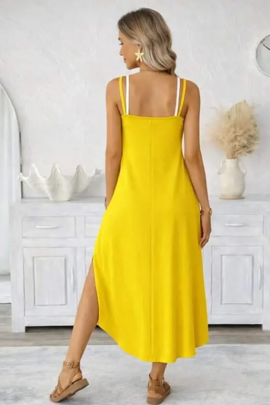 Women's Spaghetti Strap Round Neck Pocketed Long Viscose Dress - 3