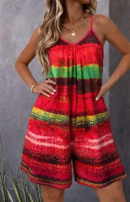 Women's Spaghetti Strap Round Neck Pocketed Patterned Short Jersey Jumpsuit - 3