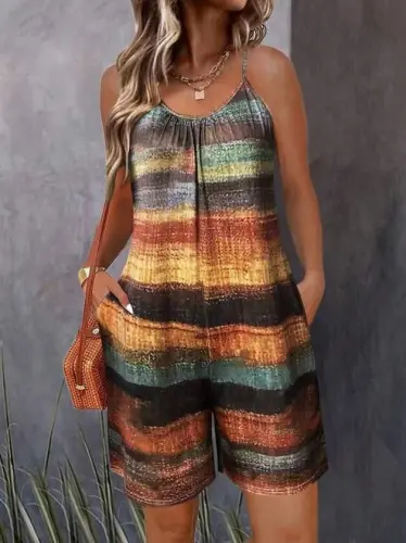 Women's Spaghetti Strap Round Neck Pocketed Patterned Short Jersey Romper - BÜYÜKBEDENIZ (1)