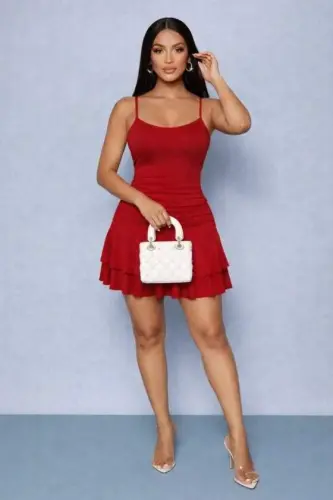 Women's Spaghetti Strap Round Neck Ruched Short Sandy Dress - 3