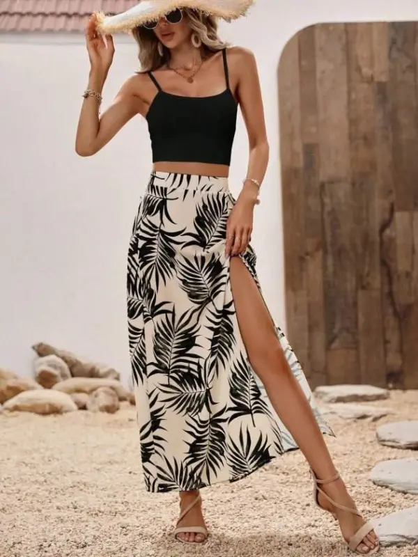 Women's Spaghetti Strap Round Neck Short Viscose Blouse and Patterned Slit Supreme Skirt Two-Piece Set - 4