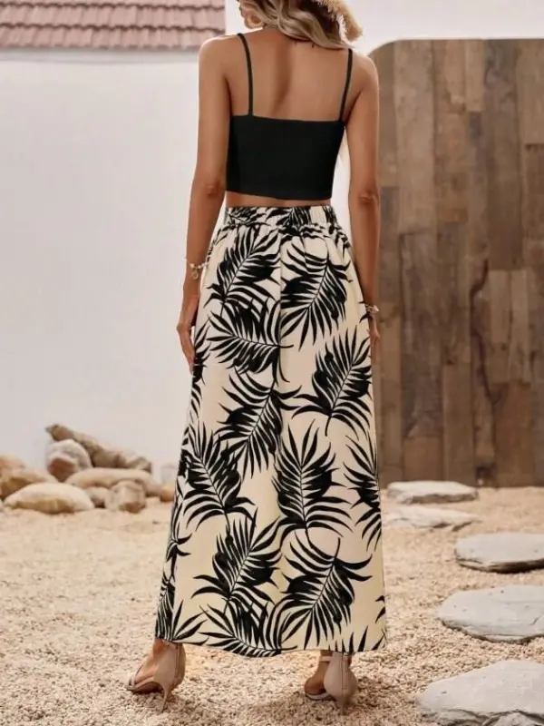 Women's Spaghetti Strap Round Neck Short Viscose Blouse and Patterned Slit Supreme Skirt Two-Piece Set - 6