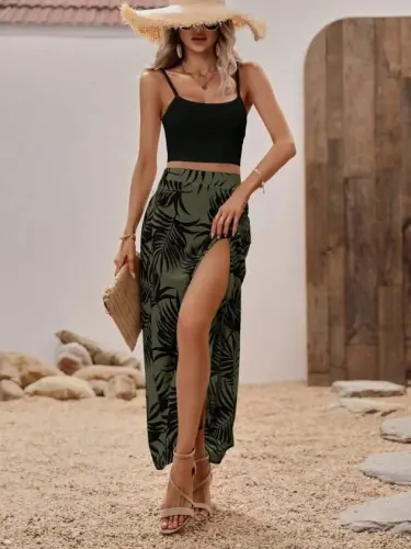 Women's Spaghetti Strap Round Neck Short Viscose Blouse and Patterned Slit Supreme Skirt Two-Piece Set - BÜYÜKBEDENIZ (1)