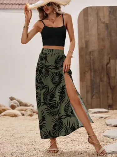 Women's Spaghetti Strap Round Neck Short Viscose Blouse and Patterned Slit Supreme Skirt Two-Piece Set - 5