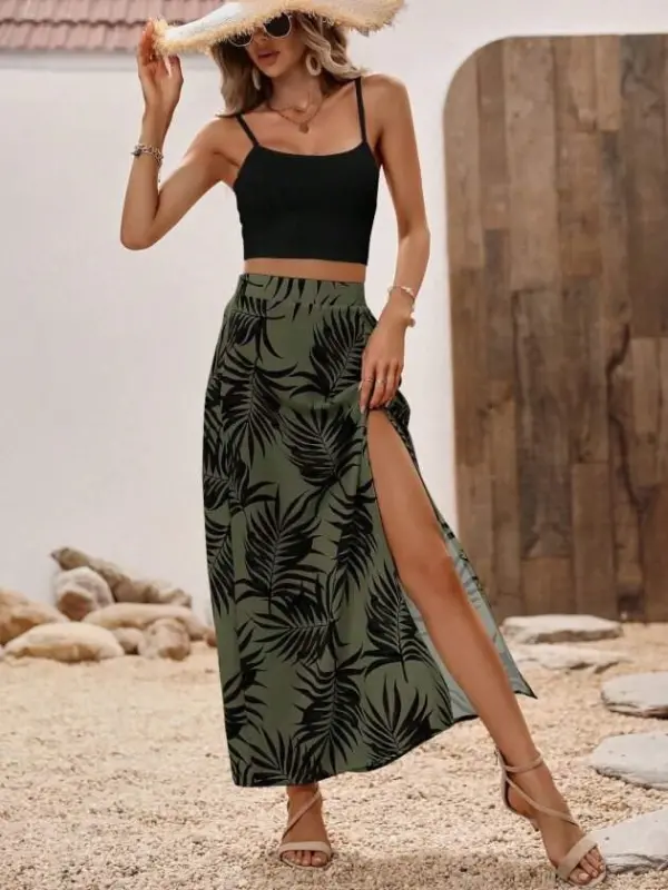 Women's Spaghetti Strap Round Neck Short Viscose Blouse and Patterned Slit Supreme Skirt Two-Piece Set - 5