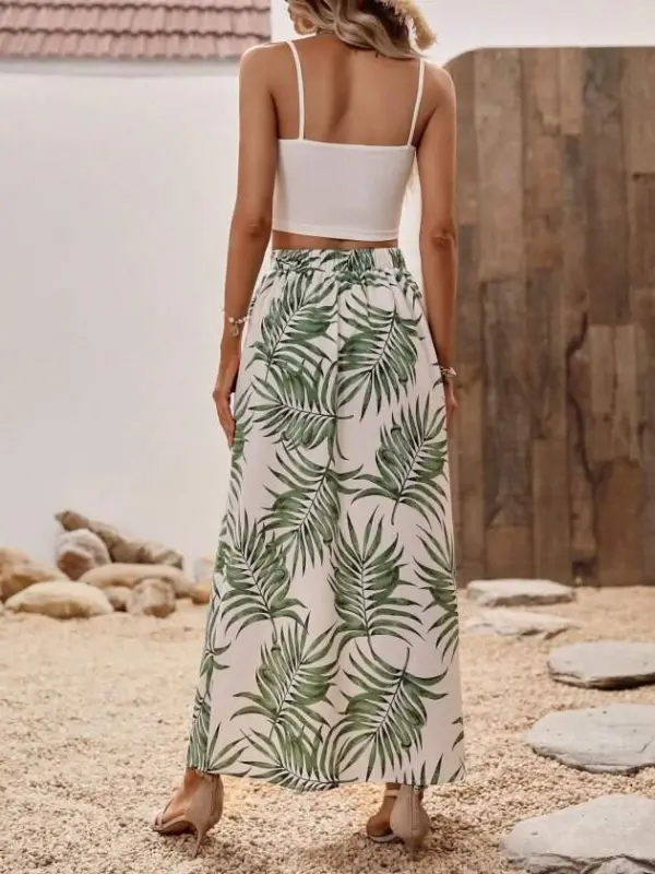 Women's Spaghetti Strap Round Neck Short Viscose Blouse And Patterned Slit Supreme Skirt Two-Piece Set - 5