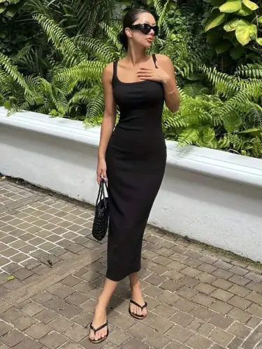 Women's Spaghetti Strap Round Neck Slit Midi Ribbed Dress - 1