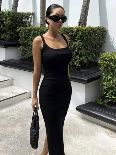 Women's Spaghetti Strap Round Neck Slit Midi Ribbed Dress - BÜYÜKBEDENIZ (1)