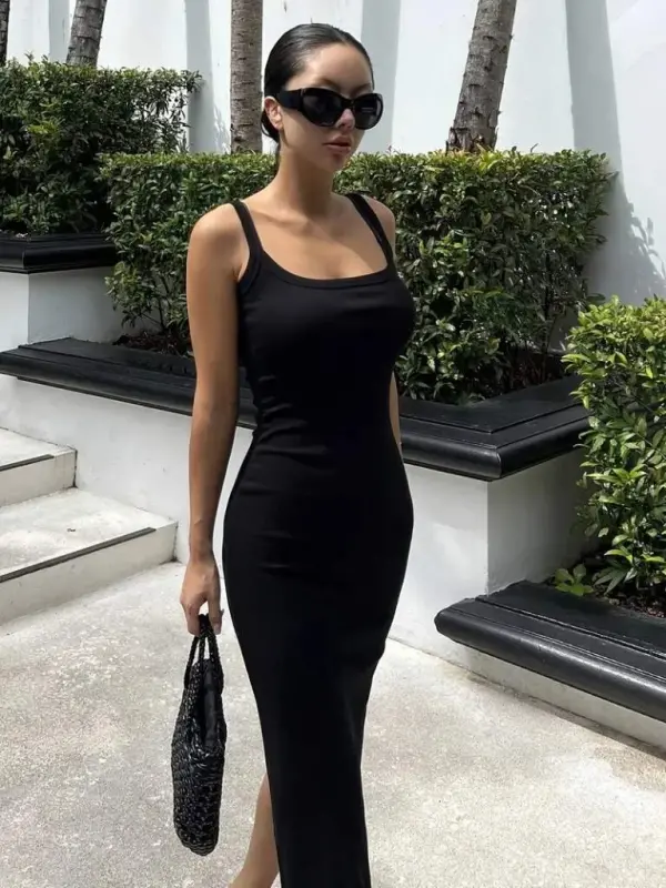 Women's Spaghetti Strap Round Neck Slit Midi Ribbed Dress - 2