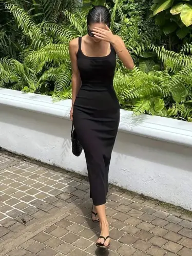 Women's Spaghetti Strap Round Neck Slit Midi Ribbed Dress - 4