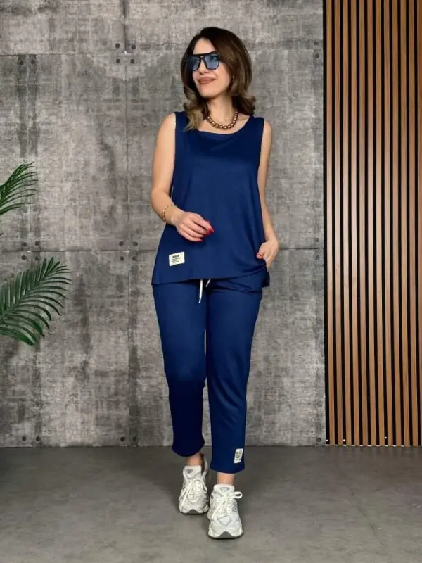 Women's Spaghetti Strap Round Neck Viscose Two-Thread Blouse And Sweatpants Two-Piece Set - BÜYÜKBEDENIZ