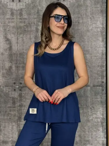 Women's Spaghetti Strap Round Neck Viscose Two-Thread Blouse And Sweatpants Two-Piece Set - BÜYÜKBEDENIZ (1)