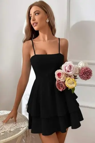 Women's Spaghetti Strap Ruffled Back-Tie Shimmer Crepe Dress - BÜYÜKBEDENIZ (1)