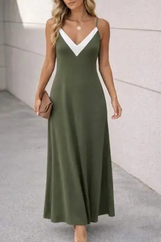 Women's Spaghetti Strap Sharp V-Neck Long Viscose Dress - 1