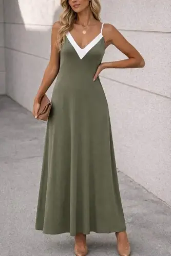Women's Spaghetti Strap Sharp V-Neck Long Viscose Dress - BÜYÜKBEDENIZ (1)