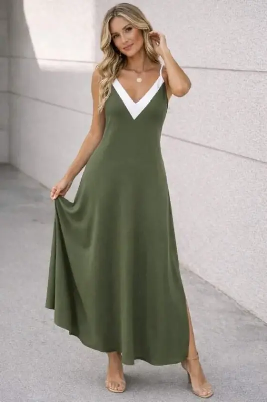 Women's Spaghetti Strap Sharp V-Neck Long Viscose Dress - 3