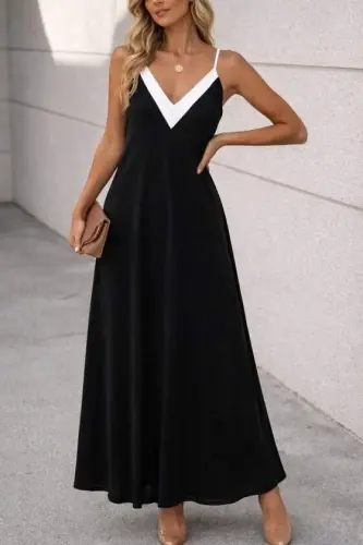 Women's Spaghetti Strap Sharp V-Neck Long Viscose Dress - BÜYÜKBEDENIZ (1)